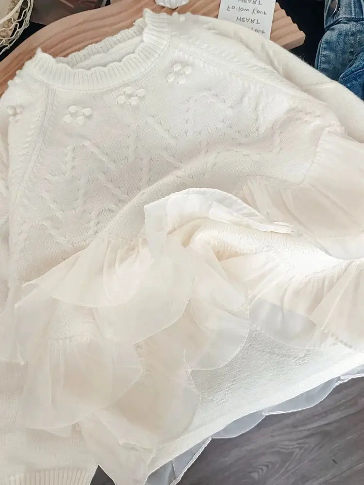 Sweaters Girls Sweater with Trendy Spring Autumn Korean Style Beautiful Lace White Top for Little Girls Princess Style 2025