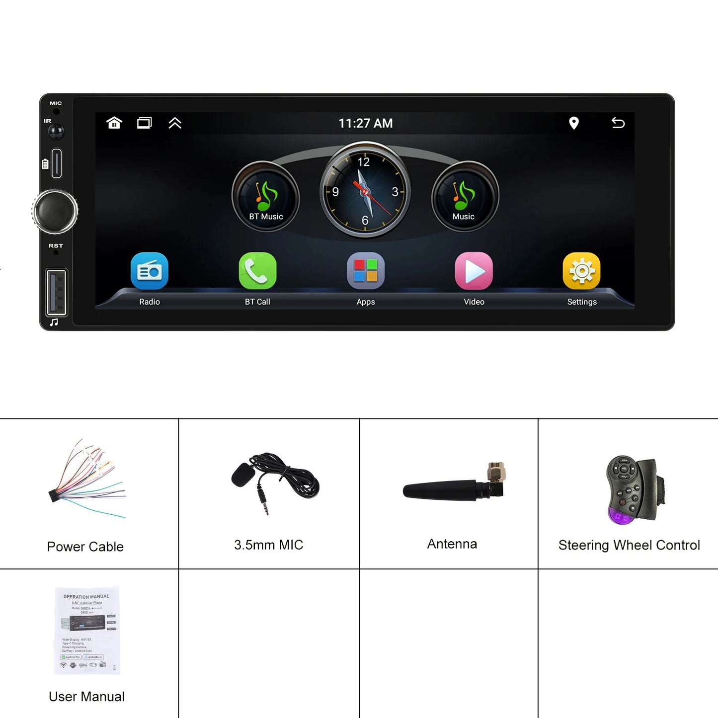 Hikity 2+64G Carplay Android 1din Car Radio Android Auto Stereo 6.86" GPS Navigation Player support FM WiFi USB Rear Camera
