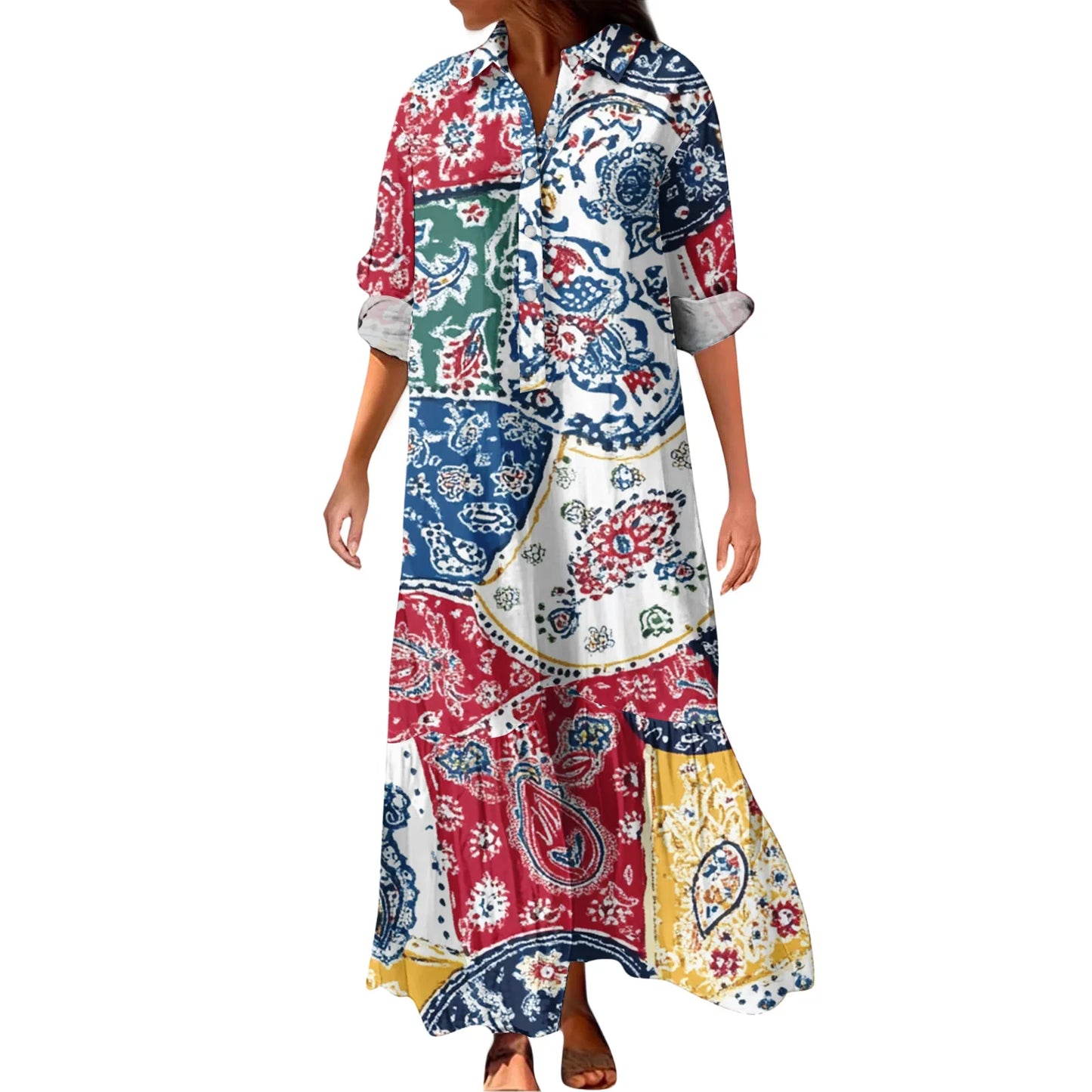 Ladies' Fashionable Temperament Autumn And Winter Button Lapel Long Sleeved Retro Printed Spring And Autumn Dress