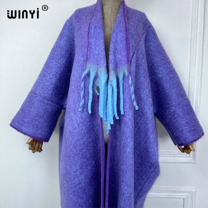 WINYI new Winter Women Solid color Luxury Fur Neutral coat Loose cardigan elegant Warm Female coat over poncho tassels jacket