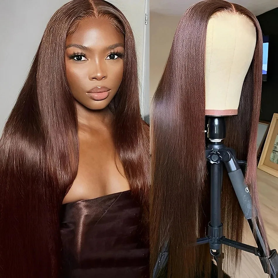 Chocolate Brown Colored Straight Lace Closure Wigs 4x4 Lace Closure Human Hair Wigs 200 Density Lace Wigs Baby Hair For Women