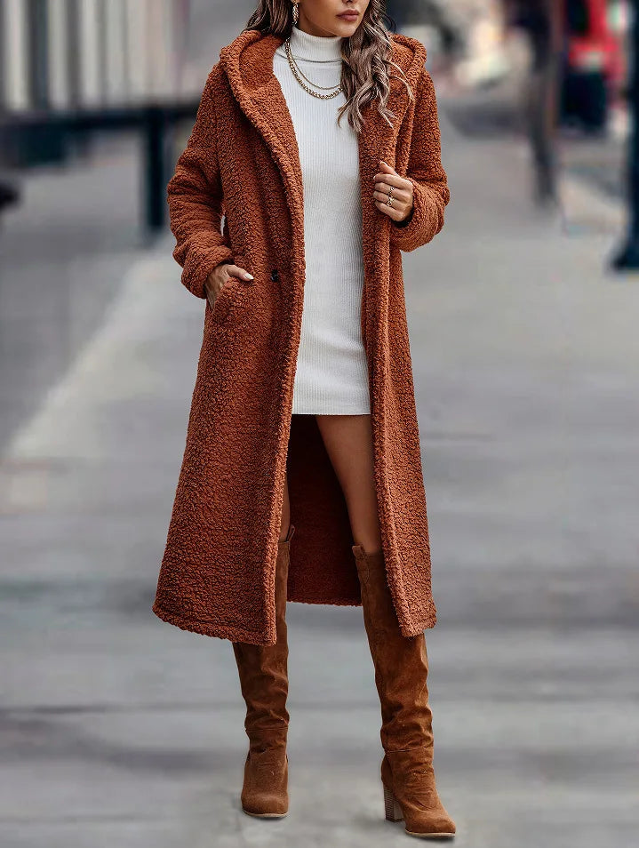 Hooded Coats Long Coat Women Work Turn Down Collar Warm Thick Work Trench Streetwear Elegant Jackets Open Stith Autumn Winter