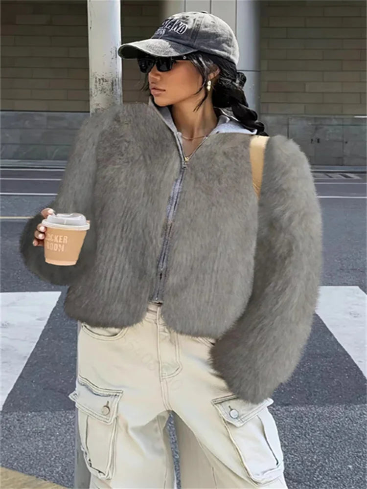 Fashion Faux Fur Coat For Women Warm Round Neck Long Sleeve Furry Short Coats 2025 Autumn Winter New Lady Streetwear Cardigans