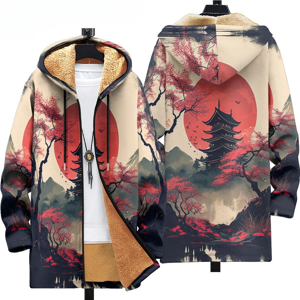 Men Cardigans Coats Black White Texture Printed Plush Thick Winter Abstract Art Graphics Jackets Casual Streetwear Clothing