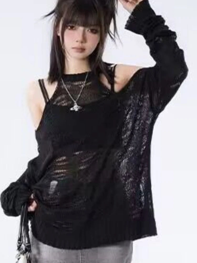 Pullovers Women Hole Streetwear Personality Sheer Hotsweet Female Casual Loose Spring Korean Style Off Shoulder Comfort Sweater