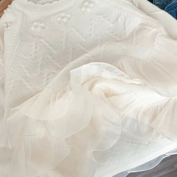 Sweaters Girls Sweater with Trendy Spring Autumn Korean Style Beautiful Lace White Top for Little Girls Princess Style 2025