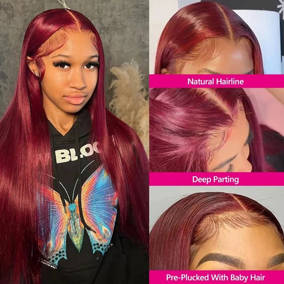 Straight Burgundy 99j Color Wig 180 Density Transparent Lace Frontal Human Hair Wig 13x6 Lace Frontal Human Wigs For Women