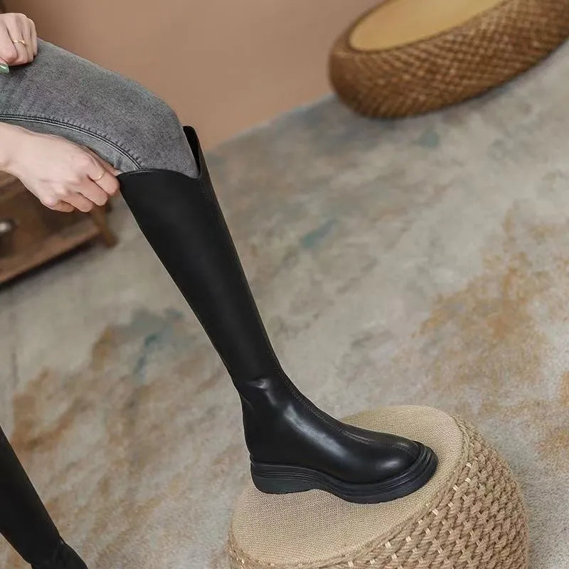 Boots Women's Autumn and Winter New Flat Bottom Black Long BootsVVersatile Slimming Long Boots Height Increasing Elastic High