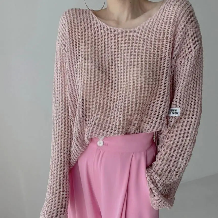 Hollow Out Pullovers Women Baggy O-neck Clothing Spring Casual Simple Elegant Vintage See-through Streetwear Lady Ulzzang Tender