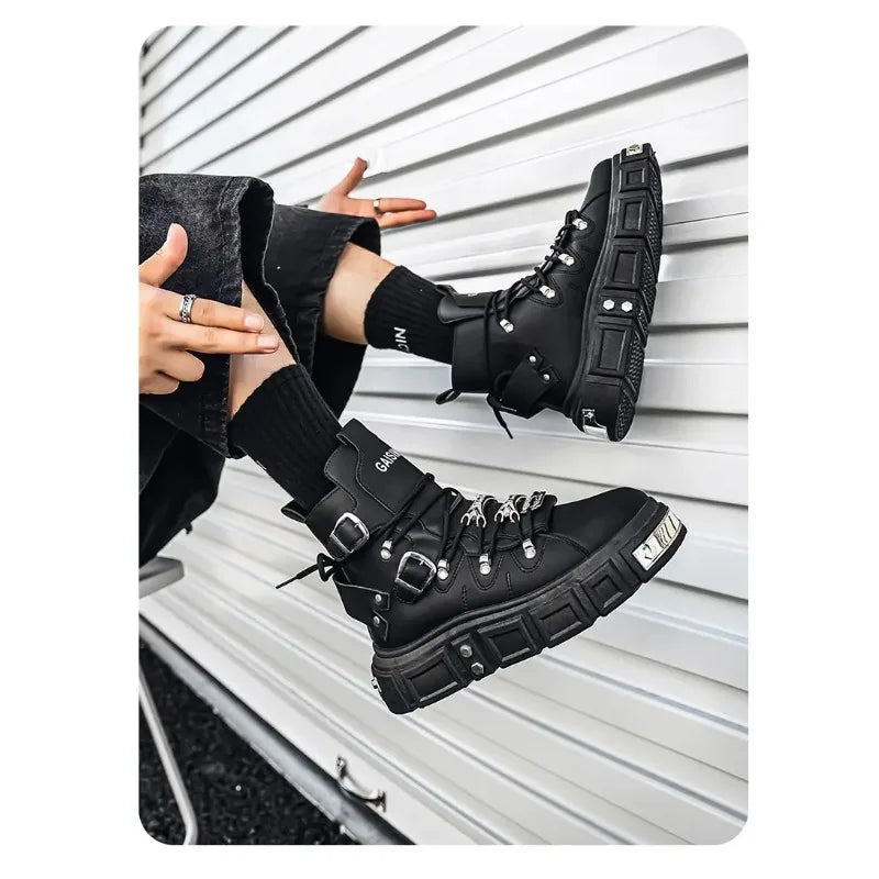 Boots For Man Fashion Rivet Leather Design Luxury Shoes Gothic Black Street Hip Hop punk Rock ankle boots Men Motorcycle shoes