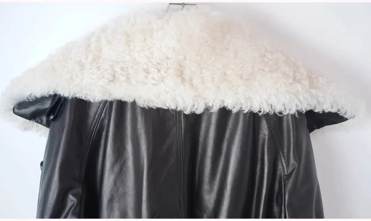 Winter in Coats & Jackets for Women 2025 Genuine Leather Jacket Female Large Wool Lapel Stylish Motorcycle Warm Short Coat With