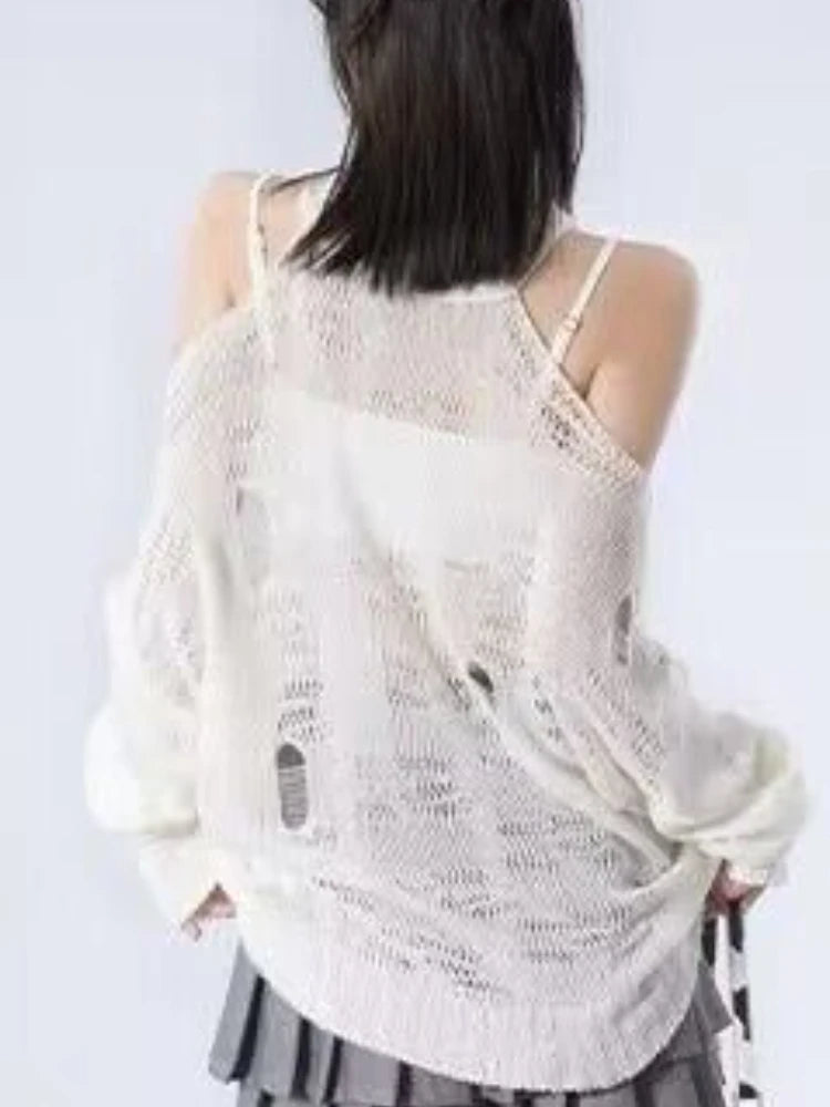 Pullovers Women Hole Streetwear Personality Sheer Hotsweet Female Casual Loose Spring Korean Style Off Shoulder Comfort Sweater
