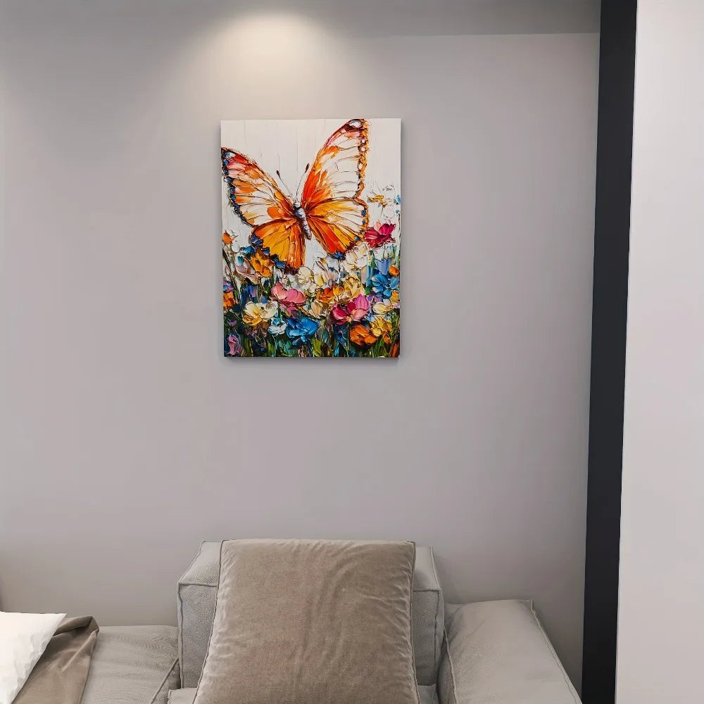 Vibrant butterfly and floral canvas art for bedroom, living room, home office, 1.5 inch thick pine solid wood frame
