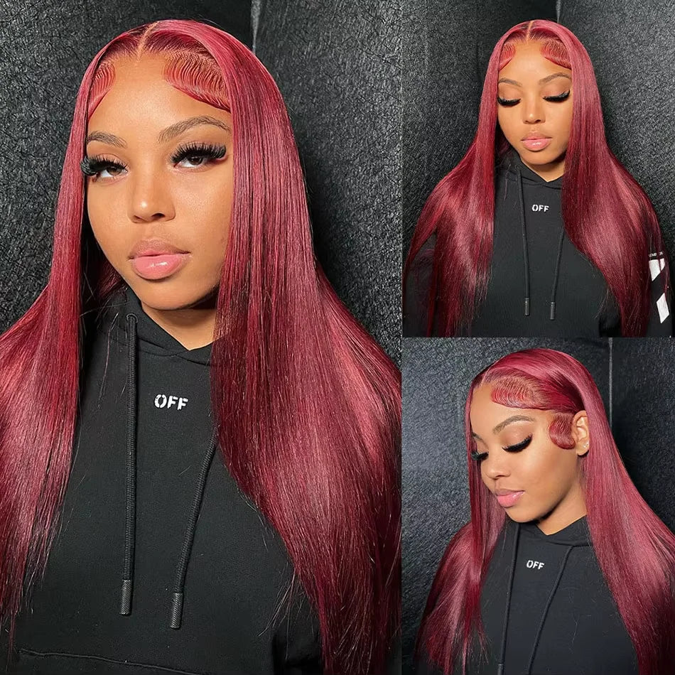 Straight Burgundy 99j Color Wig 180 Density Transparent Lace Frontal Human Hair Wig 13x6 Lace Frontal Human Wigs For Women