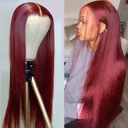 Straight Burgundy 99j Color Wig 180 Density Transparent Lace Frontal Human Hair Wig 13x6 Lace Frontal Human Wigs For Women
