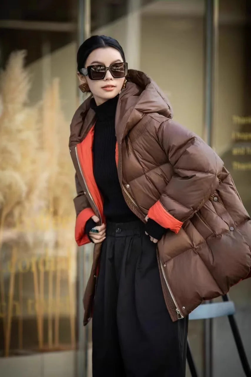Winter Clothes for Women Fashion Color Collision Thickened Warm Puffer Jacket Casual Loose Hooded White Duck Down Jacket