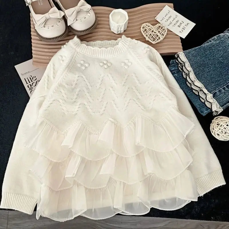 Sweaters Girls Sweater with Trendy Spring Autumn Korean Style Beautiful Lace White Top for Little Girls Princess Style 2025