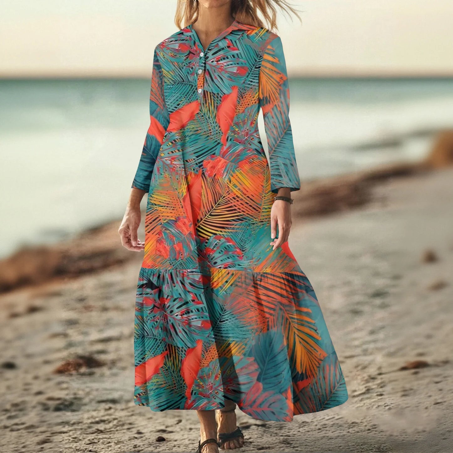 Ladies' Fashionable Temperament Autumn And Winter Button Lapel Long Sleeved Retro Printed Spring And Autumn Dress