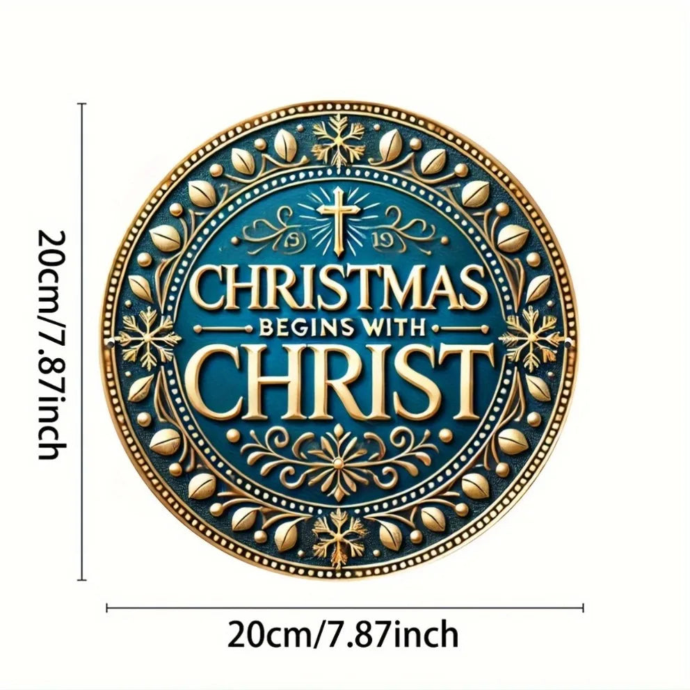 Christmas Begins with CHRIST' - Blue Christmas Sign - Metal Round Sign - For Home, Bar, Cafe, Restaurant Decor