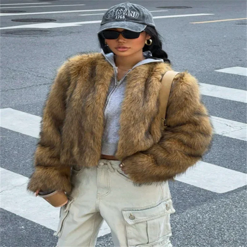 Fashion Faux Fur Coat For Women Warm Round Neck Long Sleeve Furry Short Coats 2025 Autumn Winter New Lady Streetwear Cardigans