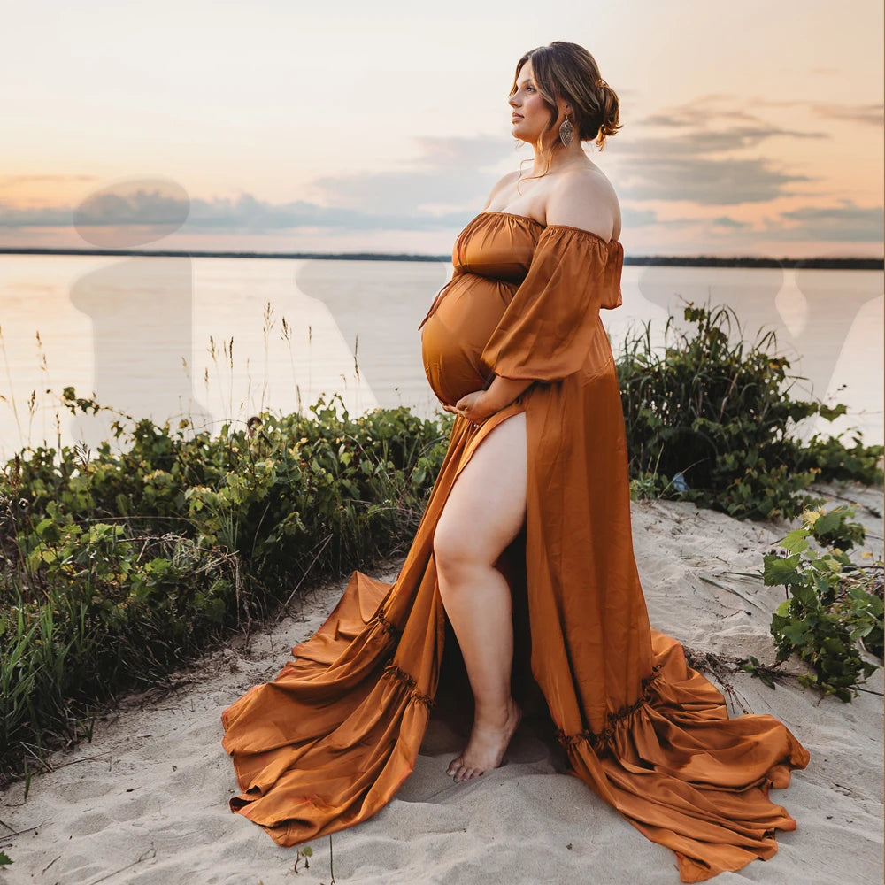 Maternity Gown Dress For Pregnancy Photo Shoot Props Gown for Baby Shower Gift Elegant Off Shoulder Side Split Satin Dress