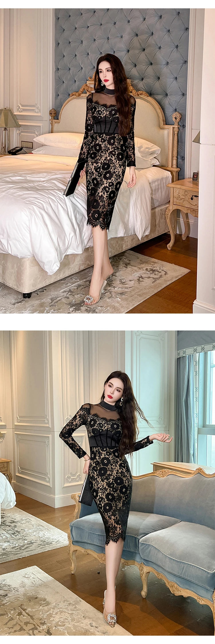 Fashion Ladies Black Lace Evening Dresses Women Clothing Elegant Chic Sexy Long Sleeve Slim Party Club Prom Dress Mujer Vestidos