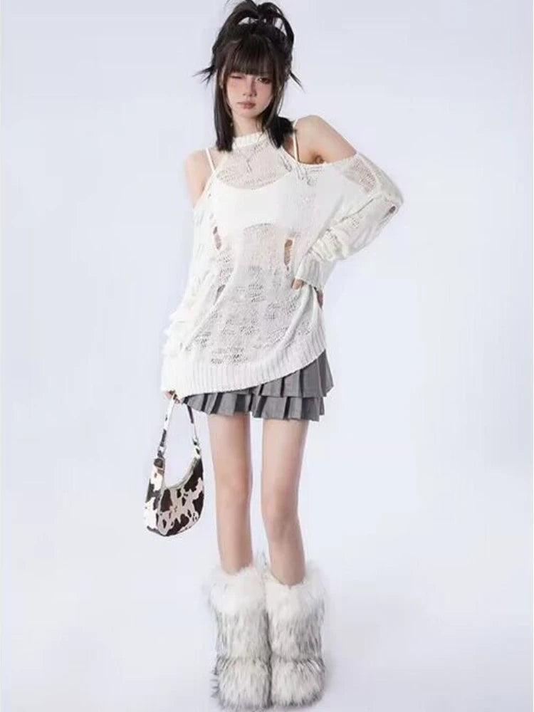 Pullovers Women Hole Streetwear Personality Sheer Hotsweet Female Casual Loose Spring Korean Style Off Shoulder Comfort Sweater