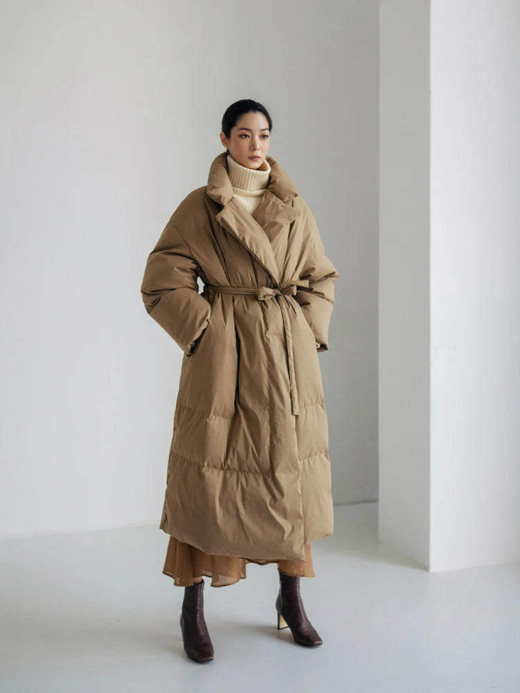 Winter New Stand Collar Long Down Jackets Loose Belt Long Sleeve Warm Coat Fashion Solid Cotton Padded Warm Down Overcoat Women