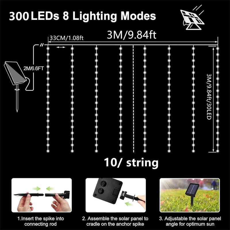 Solar Curtain Light Outdoor Waterproof Solar Fairy Garland String Lights for Garden Yard Pavilion Wedding Party Holiday Decor