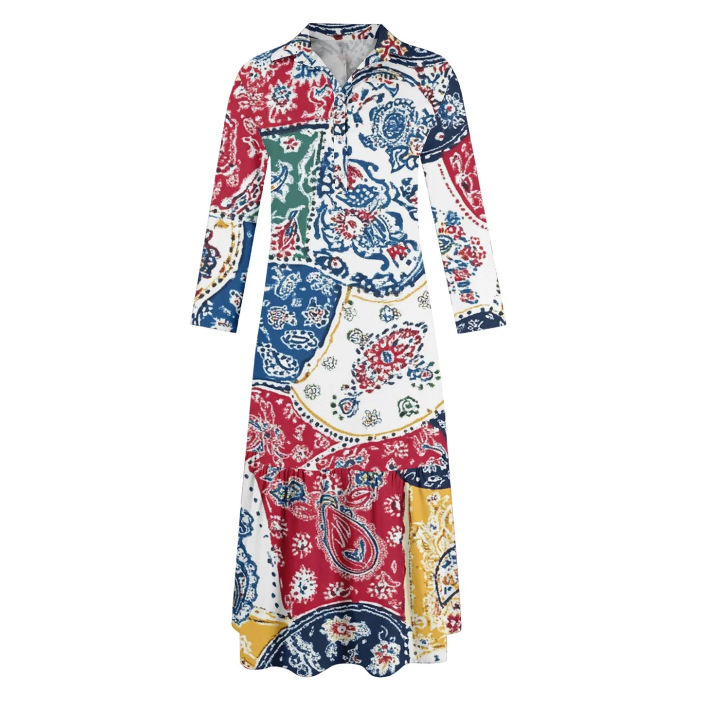 Ladies' Fashionable Temperament Autumn And Winter Button Lapel Long Sleeved Retro Printed Spring And Autumn Dress