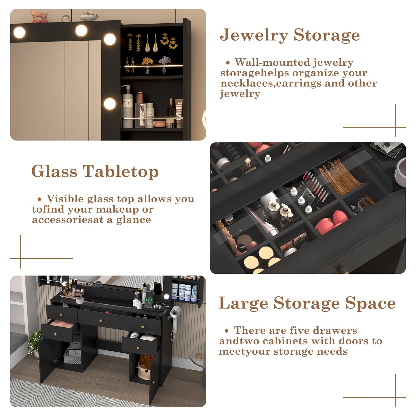 Large Vanity Desk with Lighted Mirror, Glass Top Makeup Vanity Table Set with 5 Drawers & 2 Cabinets & Stool, Power Outlet