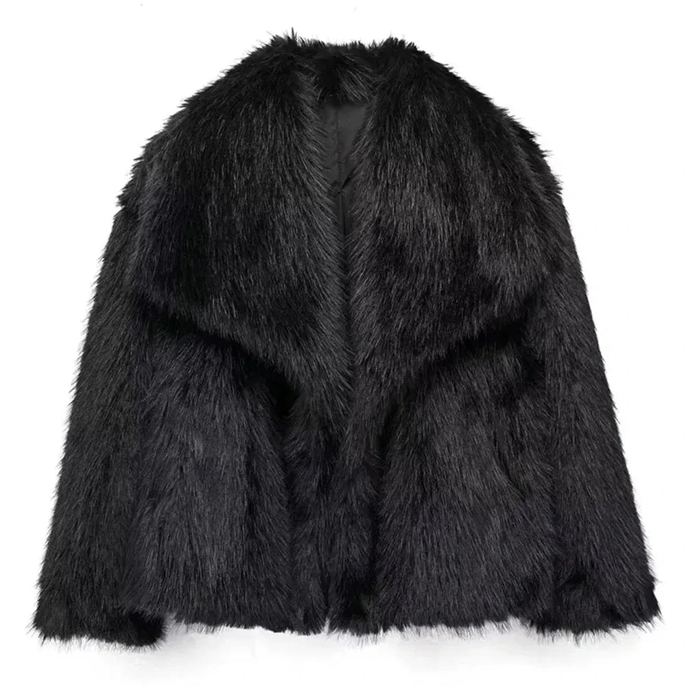 HH Winter Women Elegant Warm Plush Coat Turn-Down Collar Thick Cardigan Coat Female Pocket Long Sleeve Short Outerwear Mujer