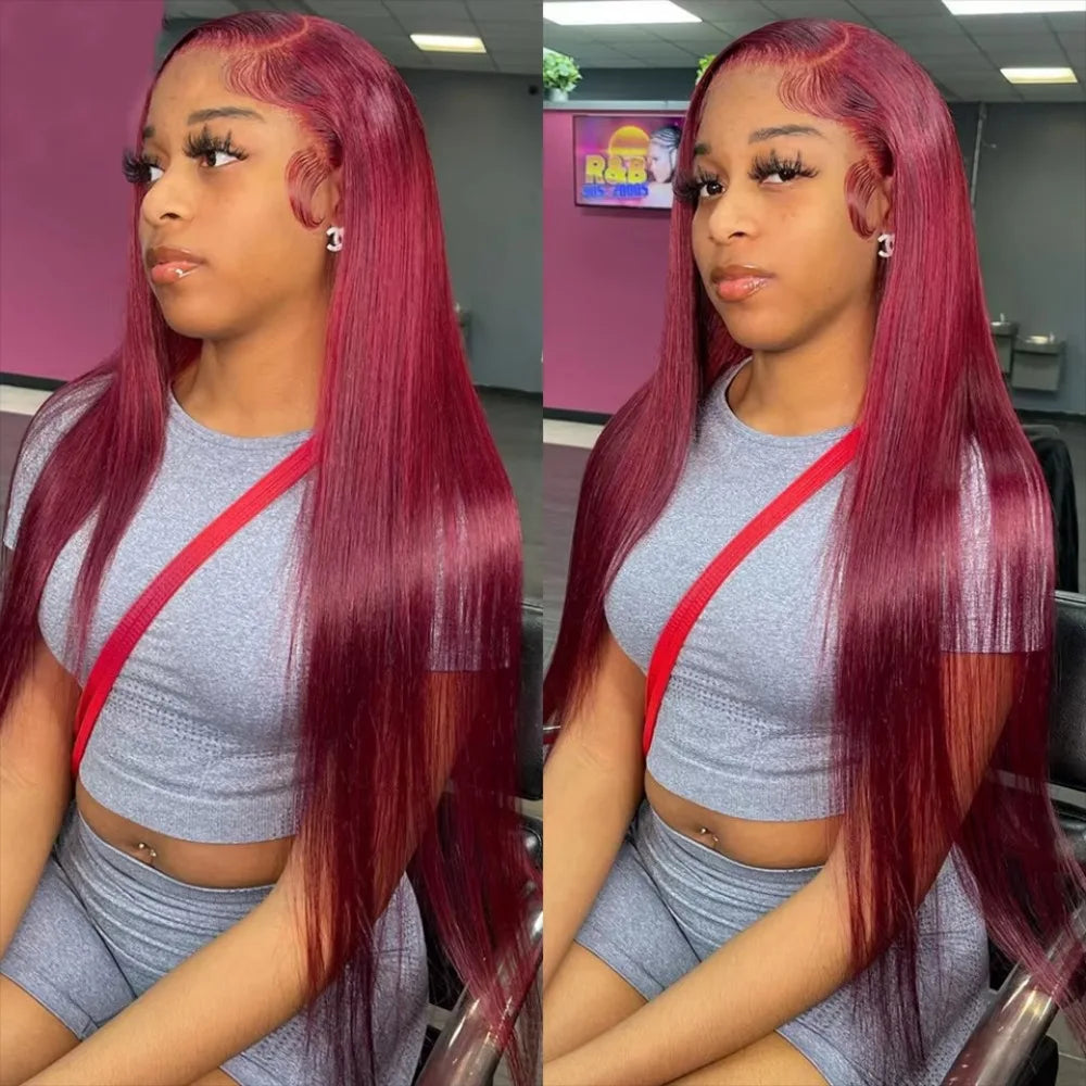 Straight Burgundy 99j Color Wig 180 Density Transparent Lace Frontal Human Hair Wig 13x6 Lace Frontal Human Wigs For Women