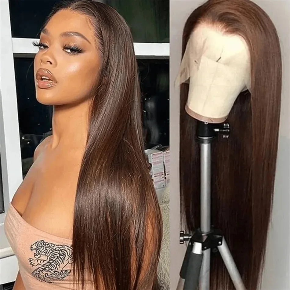 Chocolate Brown Colored Straight Lace Closure Wigs 4x4 Lace Closure Human Hair Wigs 200 Density Lace Wigs Baby Hair For Women