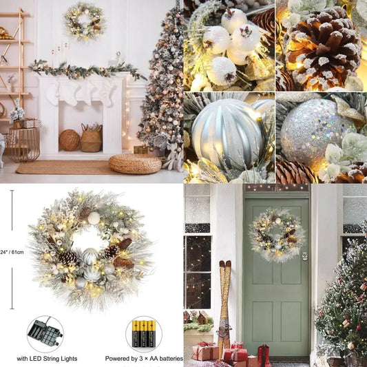 24 Flocked White Christmas Wreath with Pinecones, Berries, and Balls for Indoor/Outdoor Holiday Decor