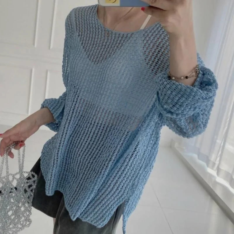 Hollow Out Pullovers Women Baggy O-neck Clothing Spring Casual Simple Elegant Vintage See-through Streetwear Lady Ulzzang Tender