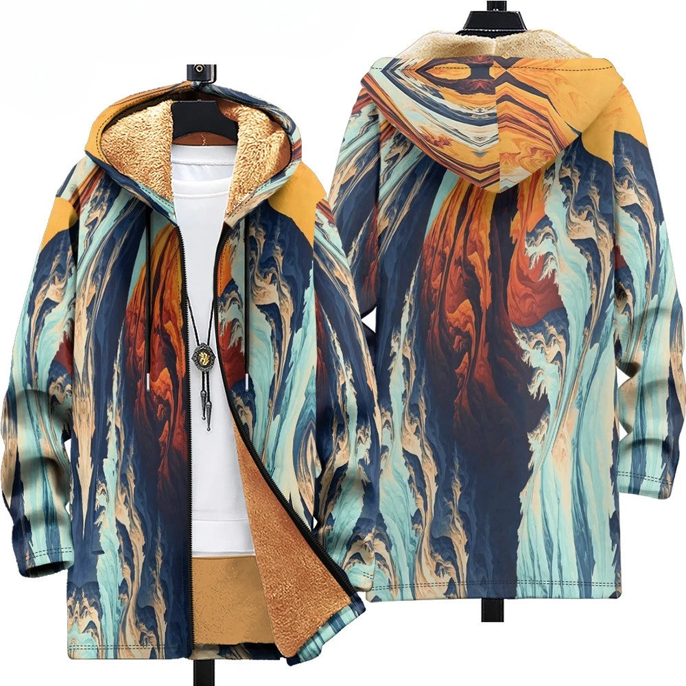 Men Cardigans Coats Black White Texture Printed Plush Thick Winter Abstract Art Graphics Jackets Casual Streetwear Clothing