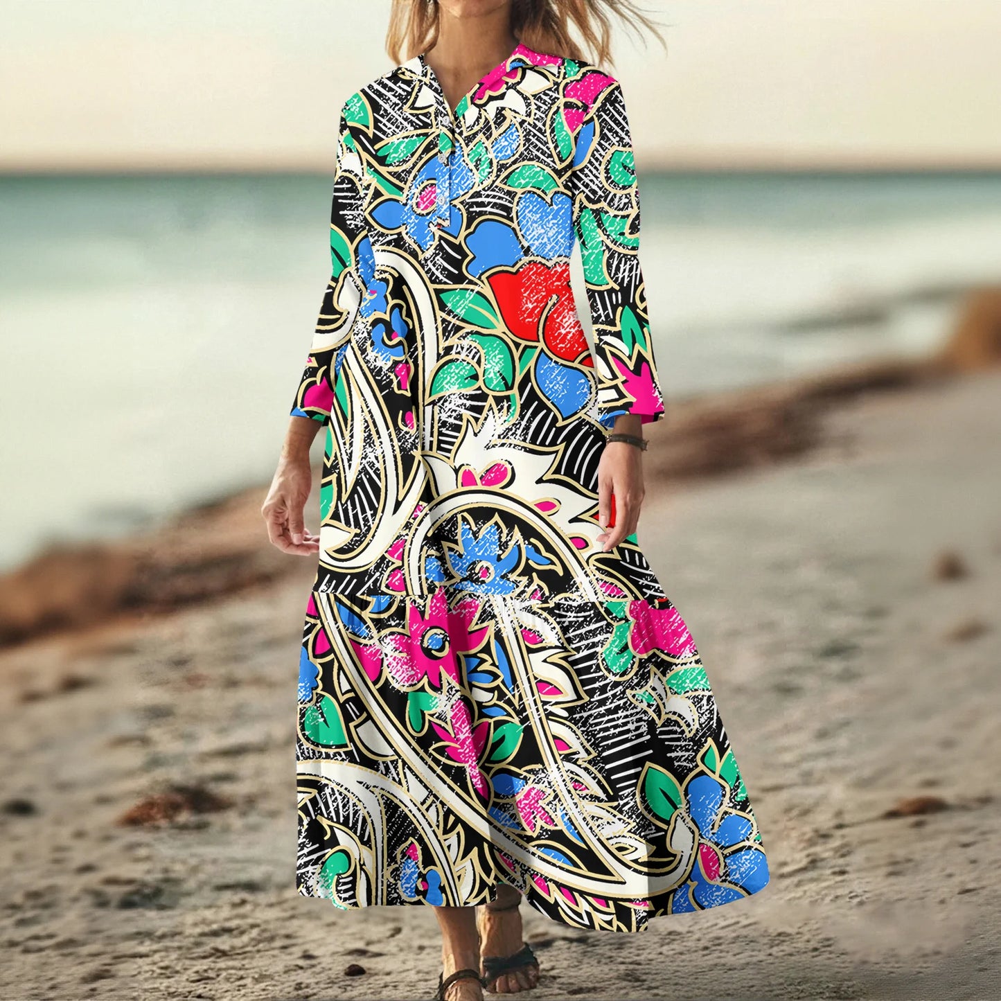 Ladies' Fashionable Temperament Autumn And Winter Button Lapel Long Sleeved Retro Printed Spring And Autumn Dress
