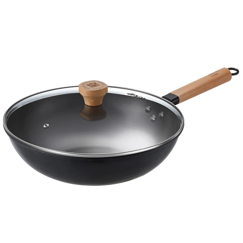 Cooker King Traditional Coating-Free Carbon Steel Wok, 30/32/34 cm Stir-Fry Pan for Gas & Induction Cooktops