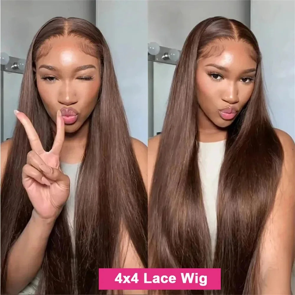 Chocolate Brown Colored Straight Lace Closure Wigs 4x4 Lace Closure Human Hair Wigs 200 Density Lace Wigs Baby Hair For Women