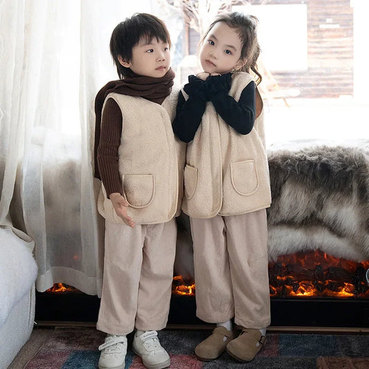 Winter Children's Outfits Kids Warm Thick Vest Coat and Knit Long Sleeve Sweater and Pants Clothes Sets Baby Girls Boys Clothing