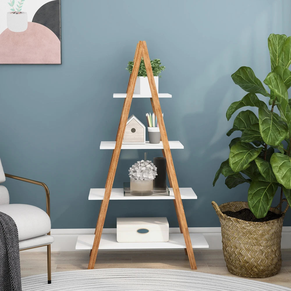 Solid Bamboo Wood Oxford “A”frame Ladder Display Bookshelf Warehouse Supermarket Kitchen Shelves Living Walnut 4 Tier Bookshelf