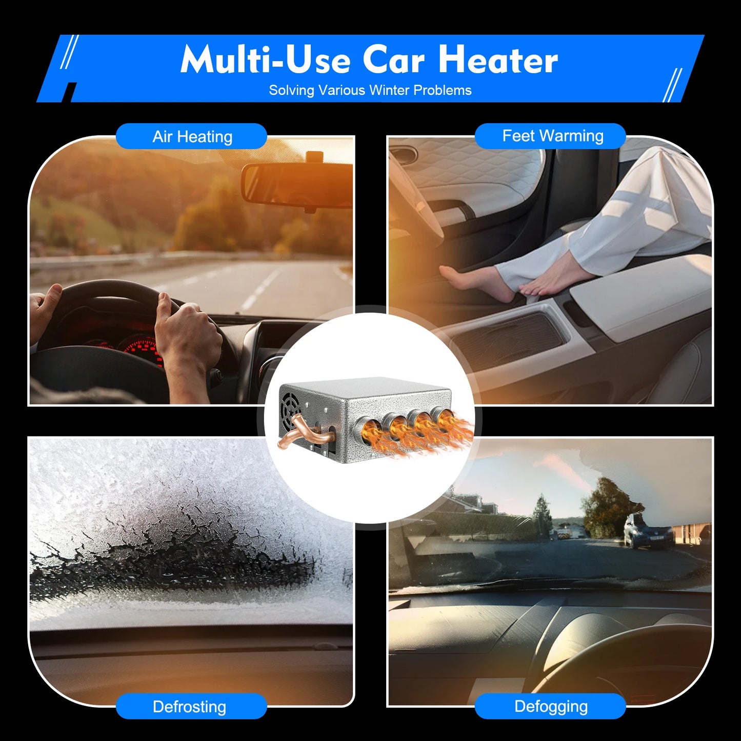 12V Universal Car Heater, Portable 8A Auto Heater with 4 Hoses, Fast Heating On-board Heater, Car Accessories