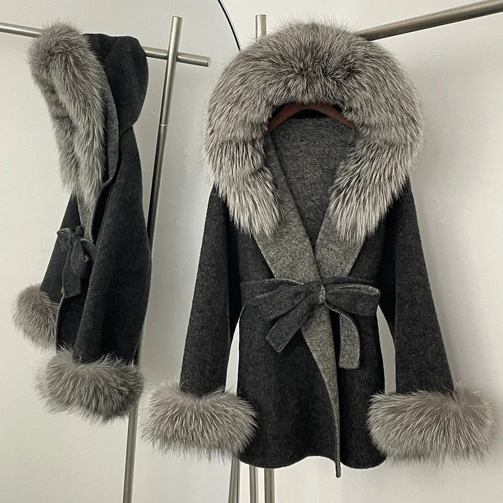 Real Fur Wool Coat Women Clothing Hooded Autumn Winter Commute Fur Coat 2025 Fashion Clothes Lady Raccoon Fur Woolen Jacket