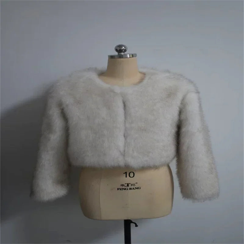 Fashion Faux Fur Coat For Women Warm Round Neck Long Sleeve Furry Short Coats 2025 Autumn Winter New Lady Streetwear Cardigans