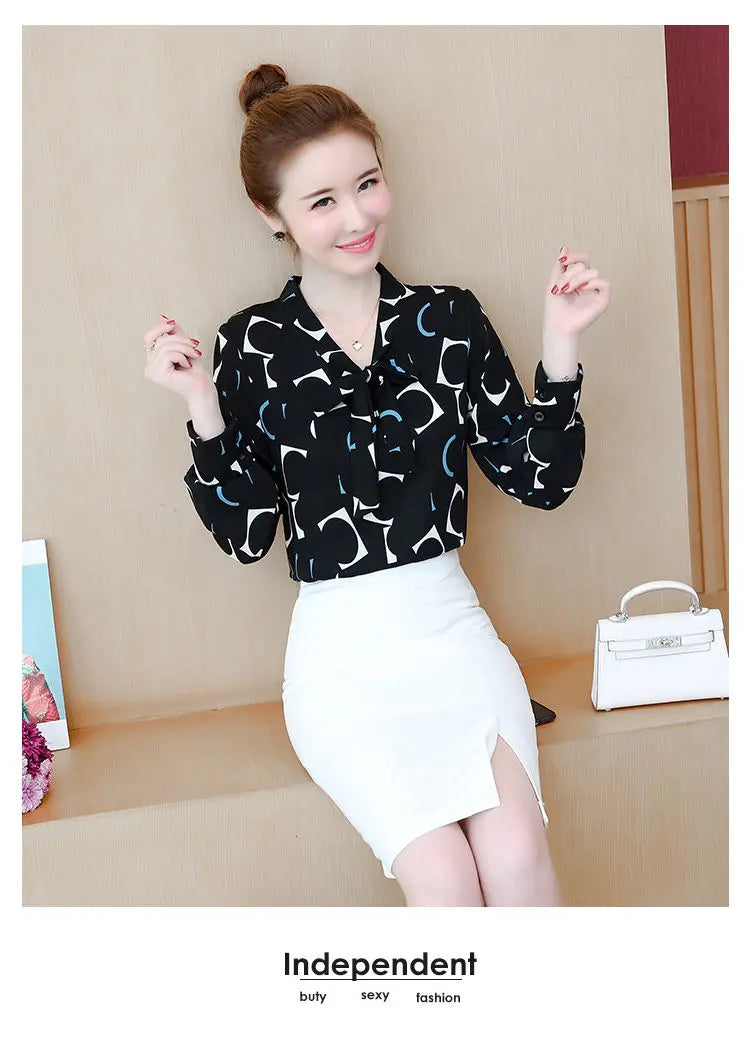 Fashion Female Elegant Bow Tie  pink Blouses Chiffon Collar Casual Shirt Office Ladies Blouse Summer Blouses for Women