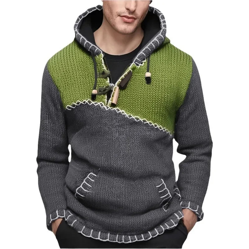 Pullovers Men Sweatshirts Sweaters Pockets Casual Loose Splice Hooded Knitted Drawstring Regular Thick Tops Autumn Winter