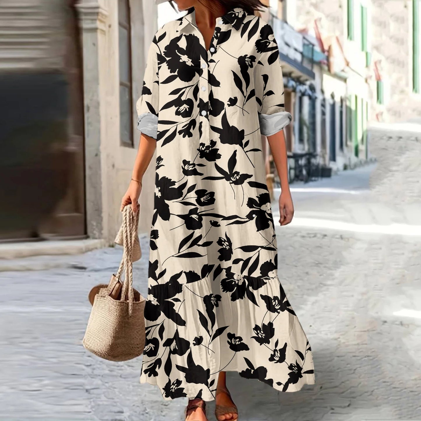 Ladies' Fashionable Temperament Autumn And Winter Button Lapel Long Sleeved Retro Printed Spring And Autumn Dress