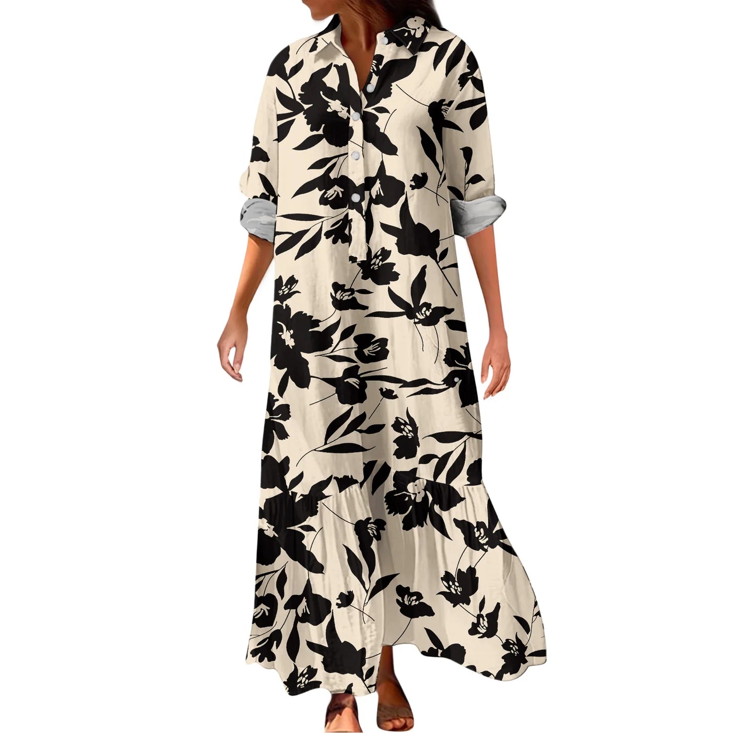 Ladies' Fashionable Temperament Autumn And Winter Button Lapel Long Sleeved Retro Printed Spring And Autumn Dress