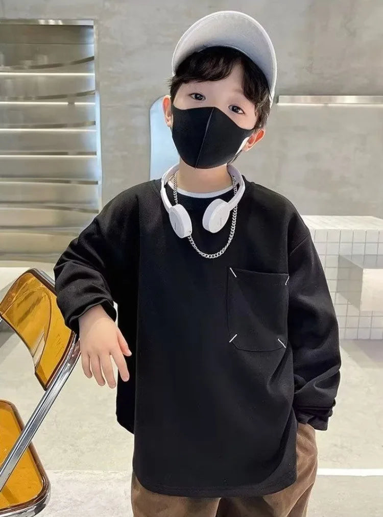 Sweatshirt Boys' Long Sleeve T-Shirt Spring 2025 New Solid Color Simple Stylish Casual Big Kids Top for 6-8 Years Old